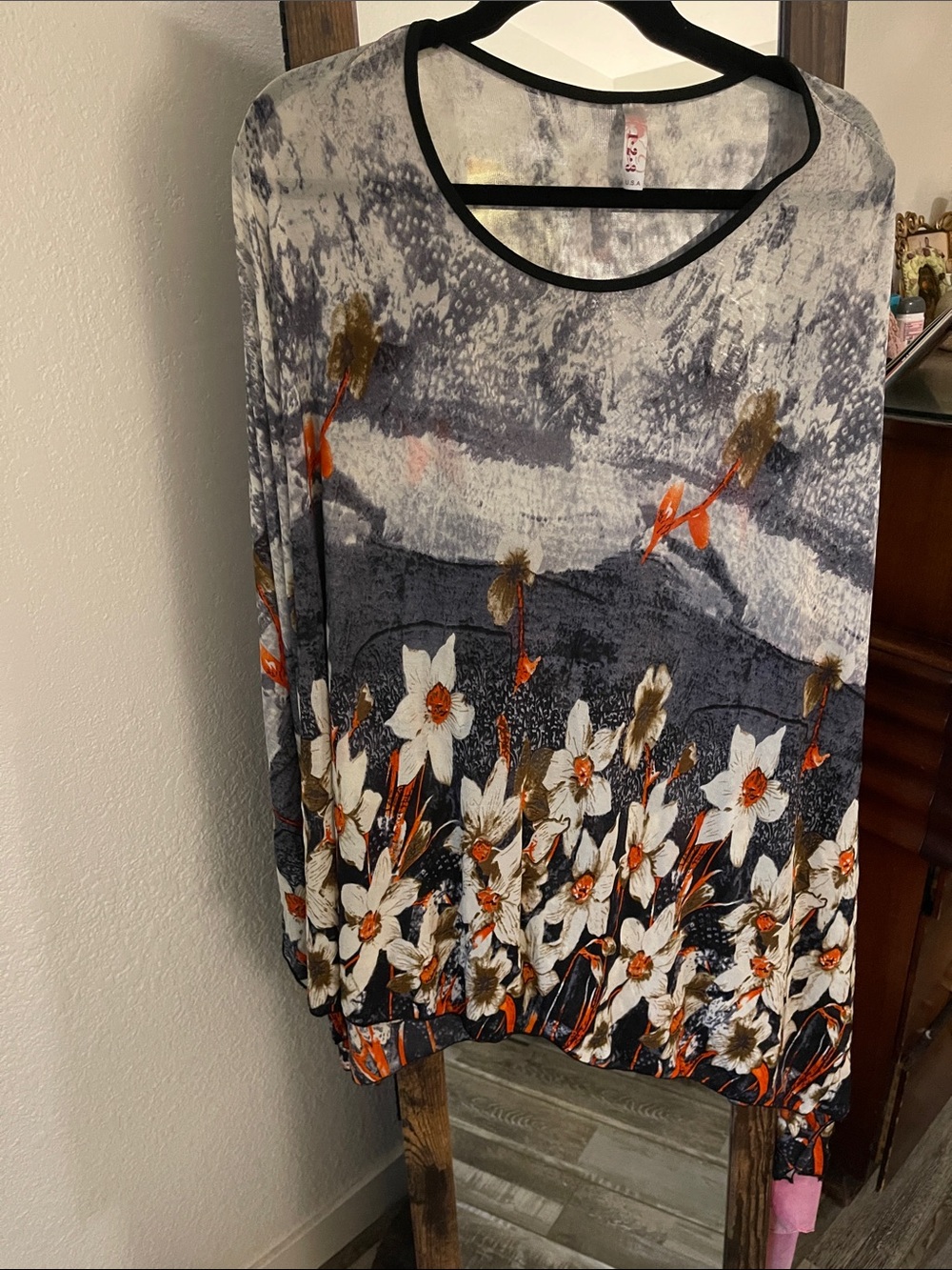 lululemon athletica Gray Floral Long Sleeve Tee with Orange Accents